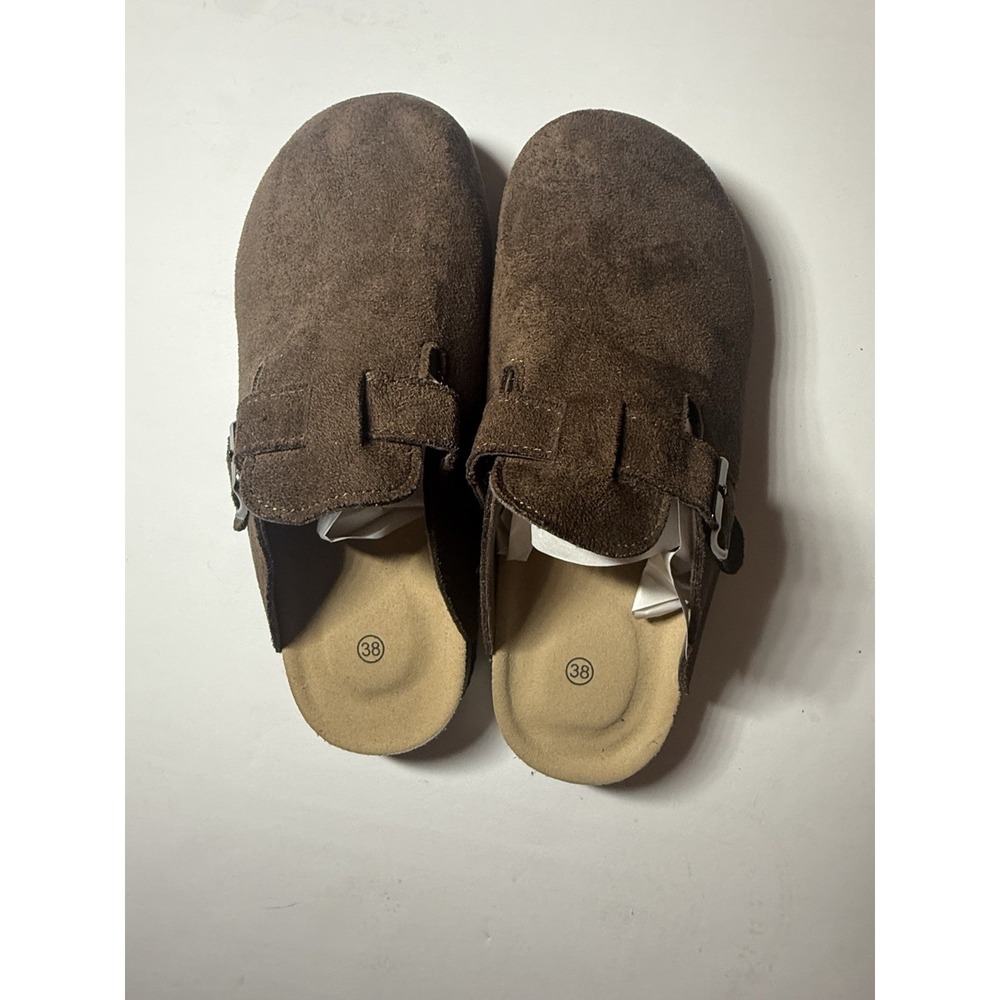 Brown Clog Suede Slip-On Sandals with Buckle, Unisex Adults,  Size 38 -US 7.5-8